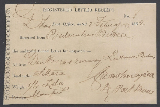 AOP India 1862 REGISTERED LETTER RECEIPT
