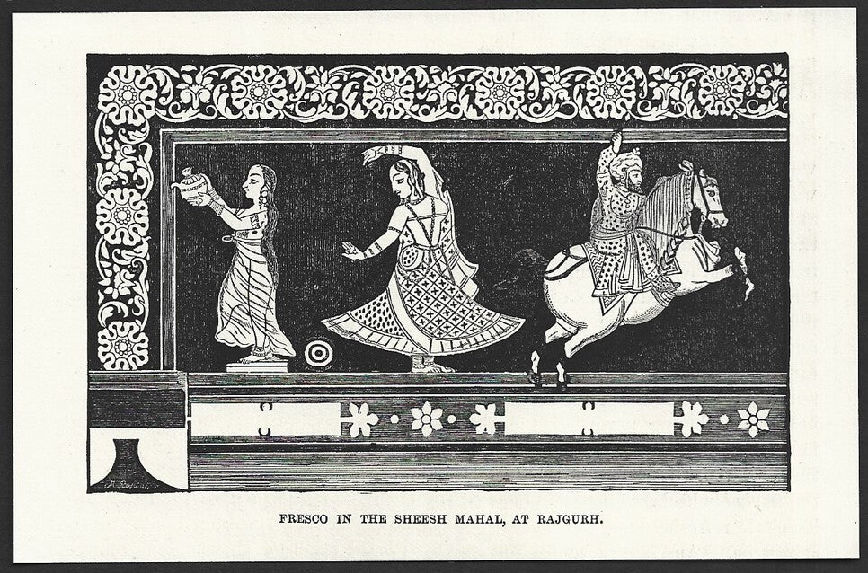 India FRESCO SHEESH MAHAL RAJGURH engraved print ex libris Rousslet 1876 3x5"