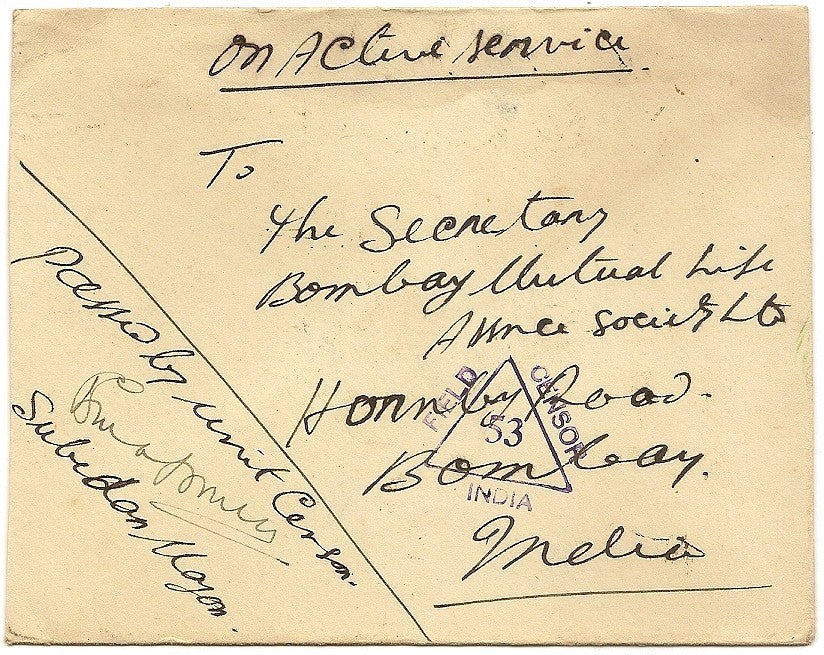 India OAS cover from No.9 Advance Base Post Office Colombo wi manuscript censor