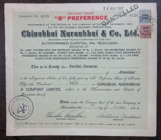 India 1954 Chinubhai Naranbhai preference share certificate