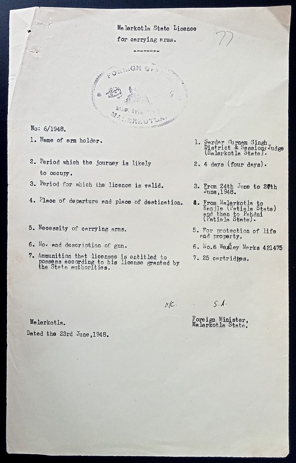 India Maler Kotla State 1948 Arms Weapons Licence issued by the Foreign Office
