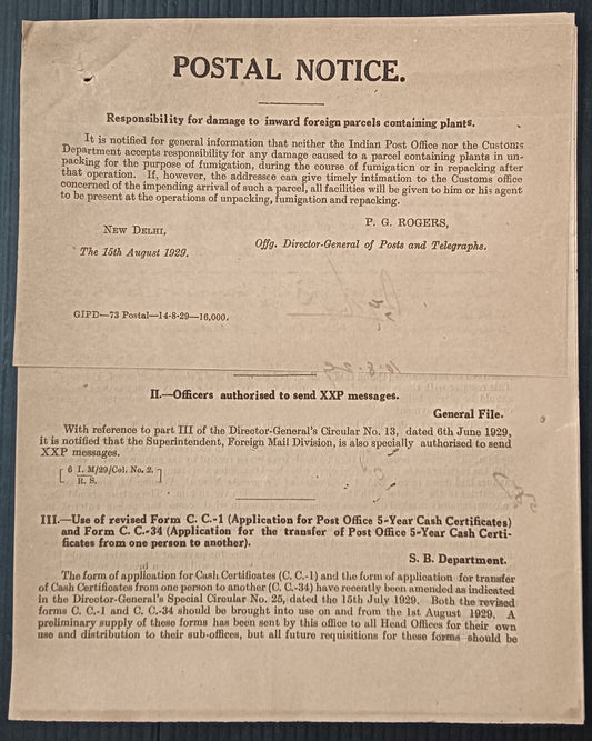 India 1929 POSTAL NOTICE + CIRCULAR Damage to inward foreign parcels with plants