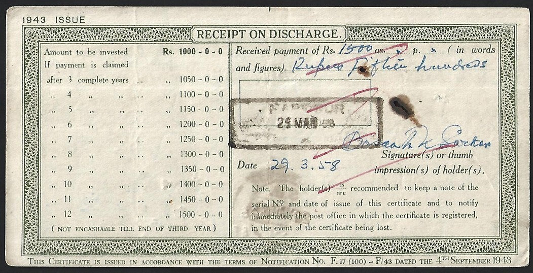India 1943 issue Post Office National Savings Certificate 1000R