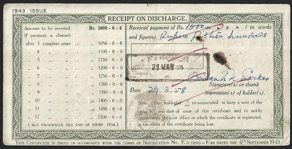 India 1943 issue Post Office National Savings Certificate 1000R