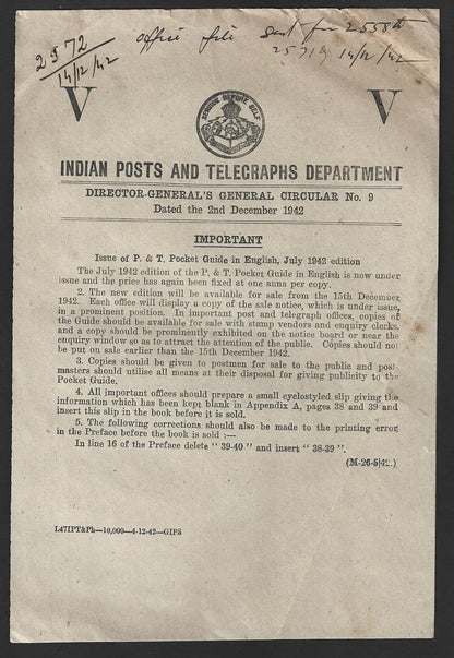 India POSTAL CIRCULAR No. 9 2nd Dec. 1942 Issue of P. & T. Pocket Guide