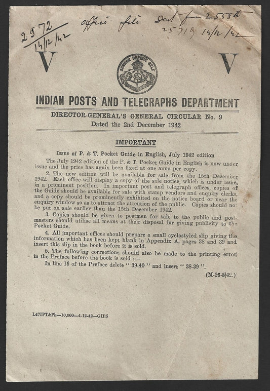 India POSTAL CIRCULAR No. 9 2nd Dec. 1942 Issue of P. & T. Pocket Guide