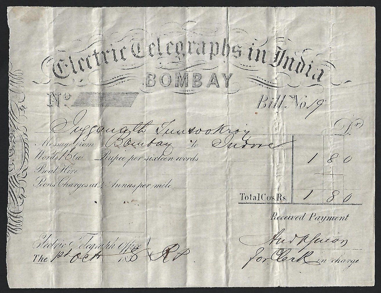 (AOP) India 1858 Electric Telegraph Bombay printed receipt