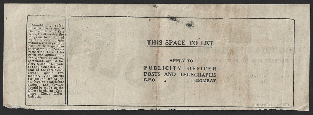 India 1934 telegraph receipt with COLFIX BITUMEN advertisement