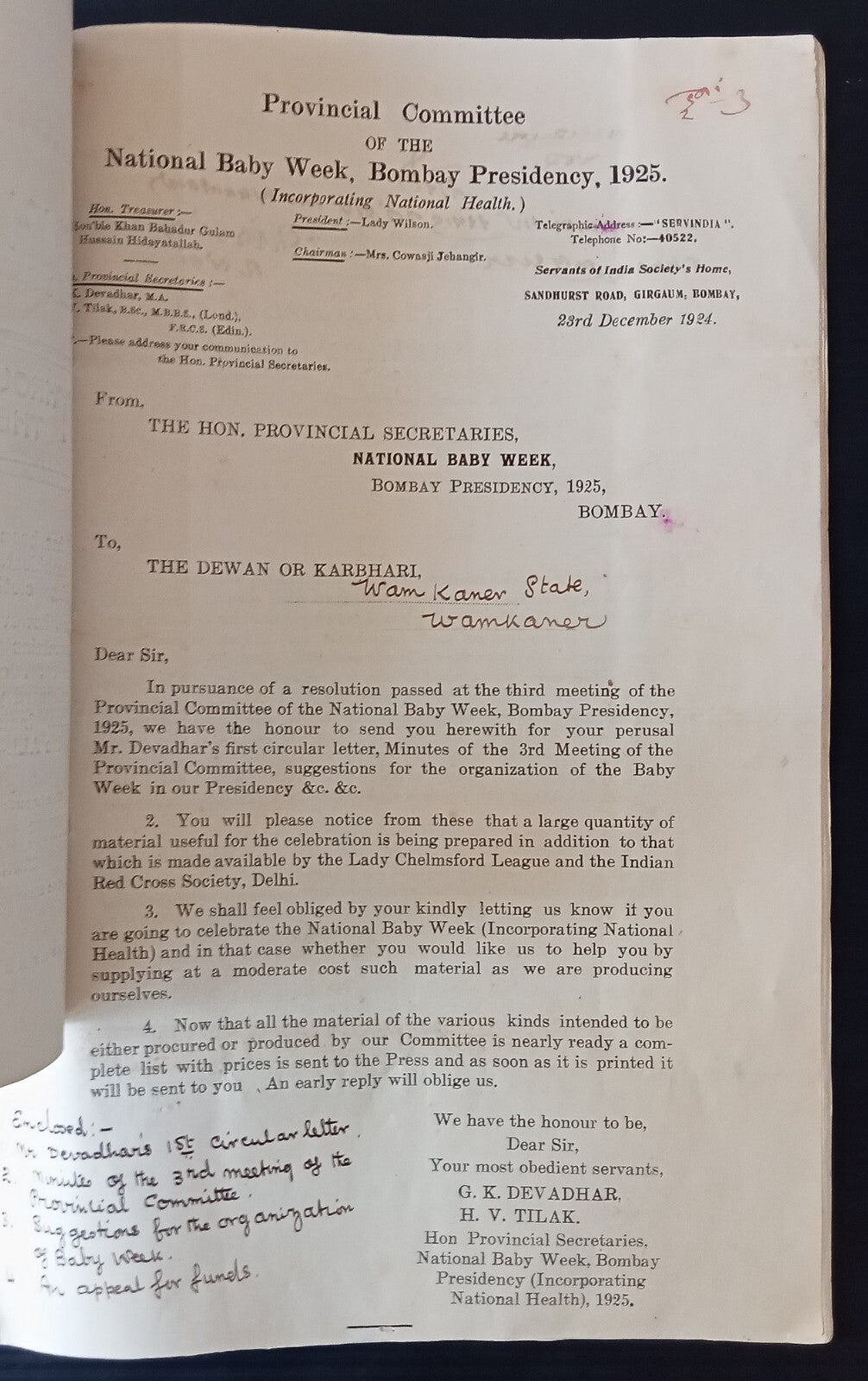 India Vicergal Lodge 1923 National Baby Week correspondence & literature