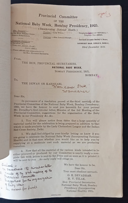 India Vicergal Lodge 1923 National Baby Week correspondence & literature