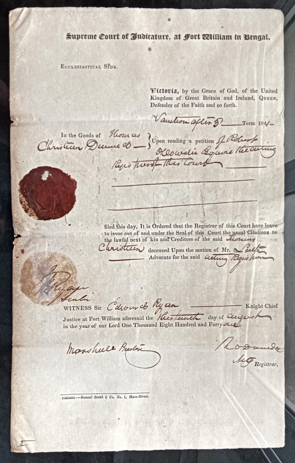 India Queen Victoria 1841 Fort William, Calcutta document with red seal