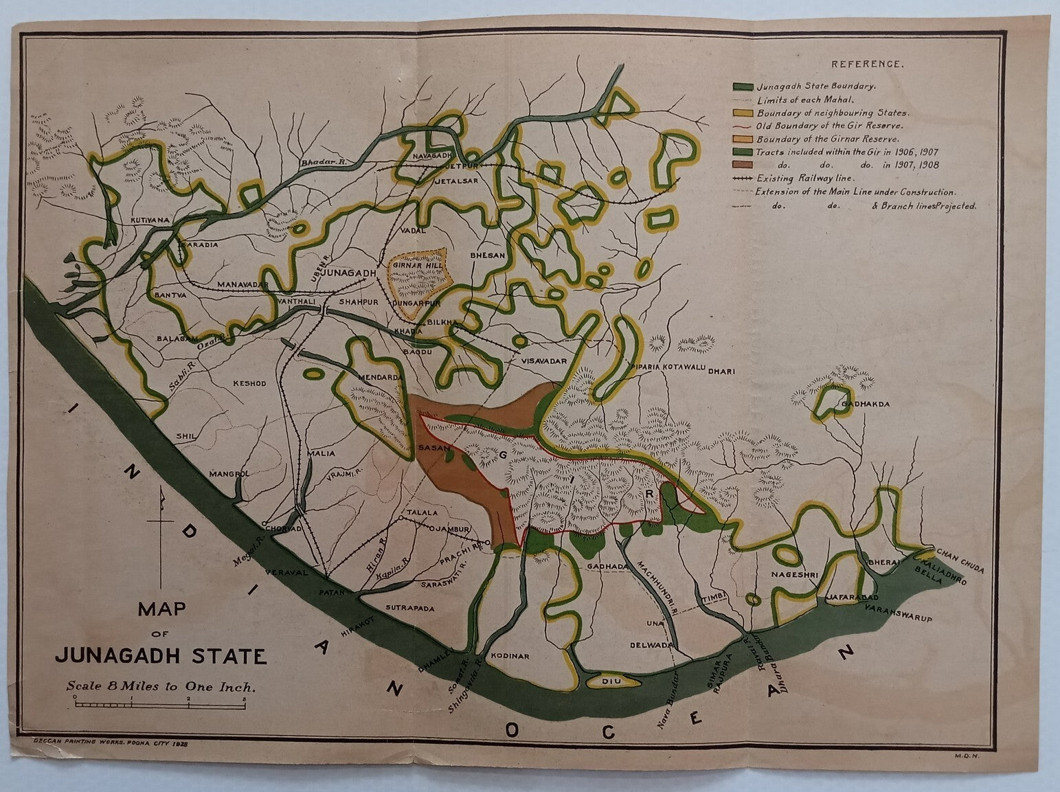 AOP India 1928 MAP of Junagadh State 33x46cm