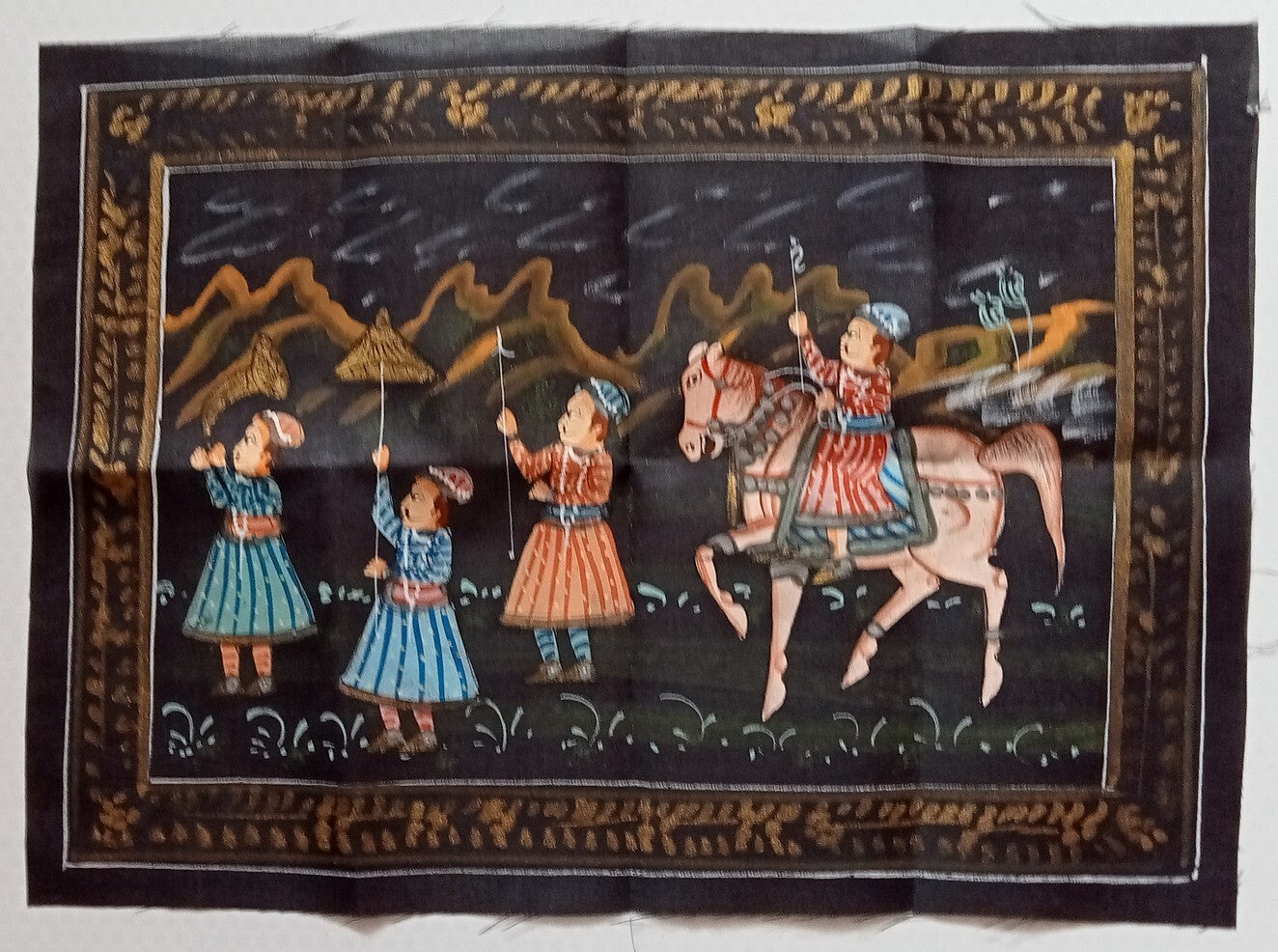 India vintage hand painting on cloth RAJAH ON HORSE 8 x 12 inches