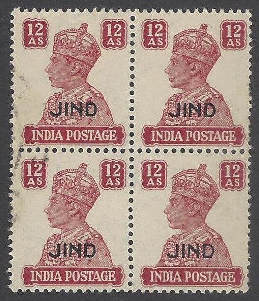 AOP India Jind State KGVI 1941-43 12a used block of 4. SG 149 £104