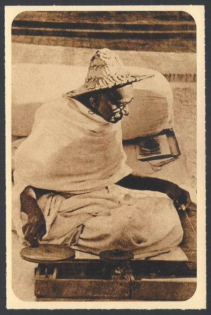 AOP India full back pictorial 50p Gandhi postal card GANDHI hatted