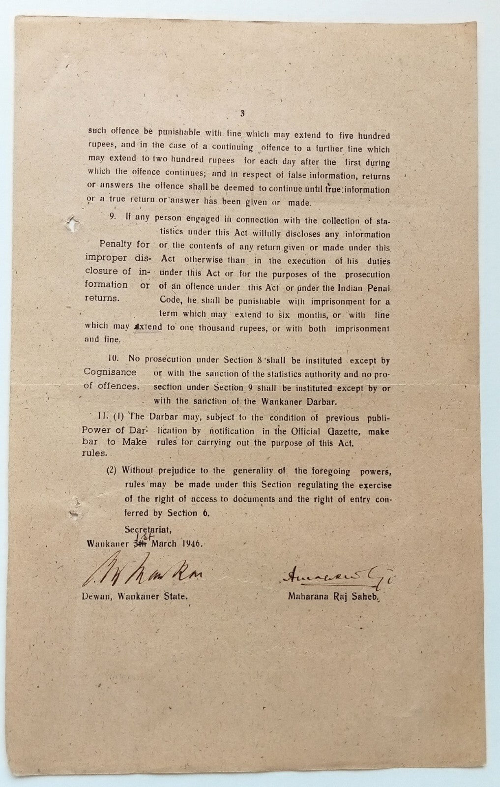 India 1946 INDUSTRIAL STATISTICS ACT signed by Amar Singh MAHARAJA of WANKANER