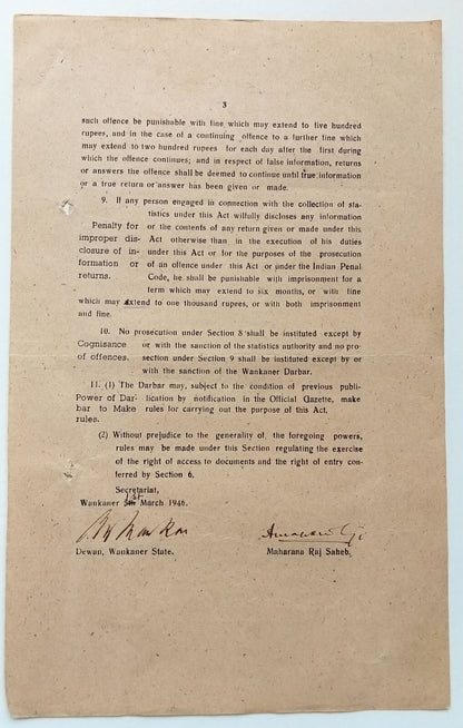 India 1946 INDUSTRIAL STATISTICS ACT signed by Amar Singh MAHARAJA of WANKANER