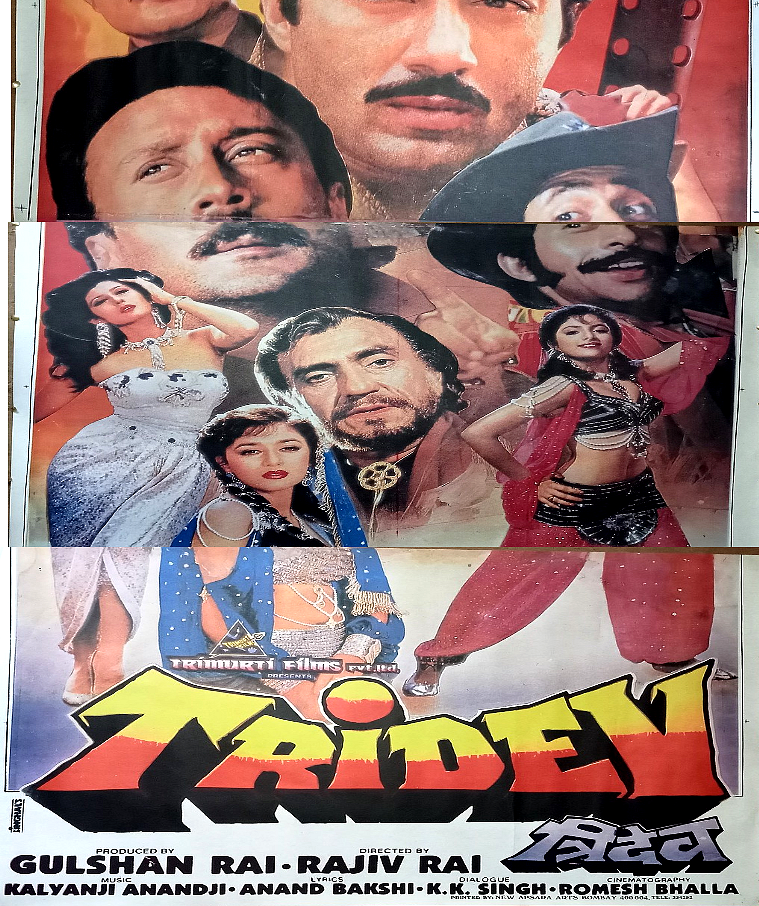 Tridev 1998 orig 3 sheet poster India Jackie Shroff & Madhuri Dixit 30"x40"