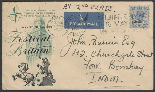 TANGIER KGVI 3d used on 1952 cover London to India