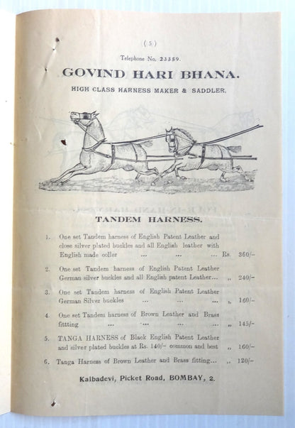 India 1930s advertiement brochure HORSE HARNESS SADDLES MOTOR PARTS