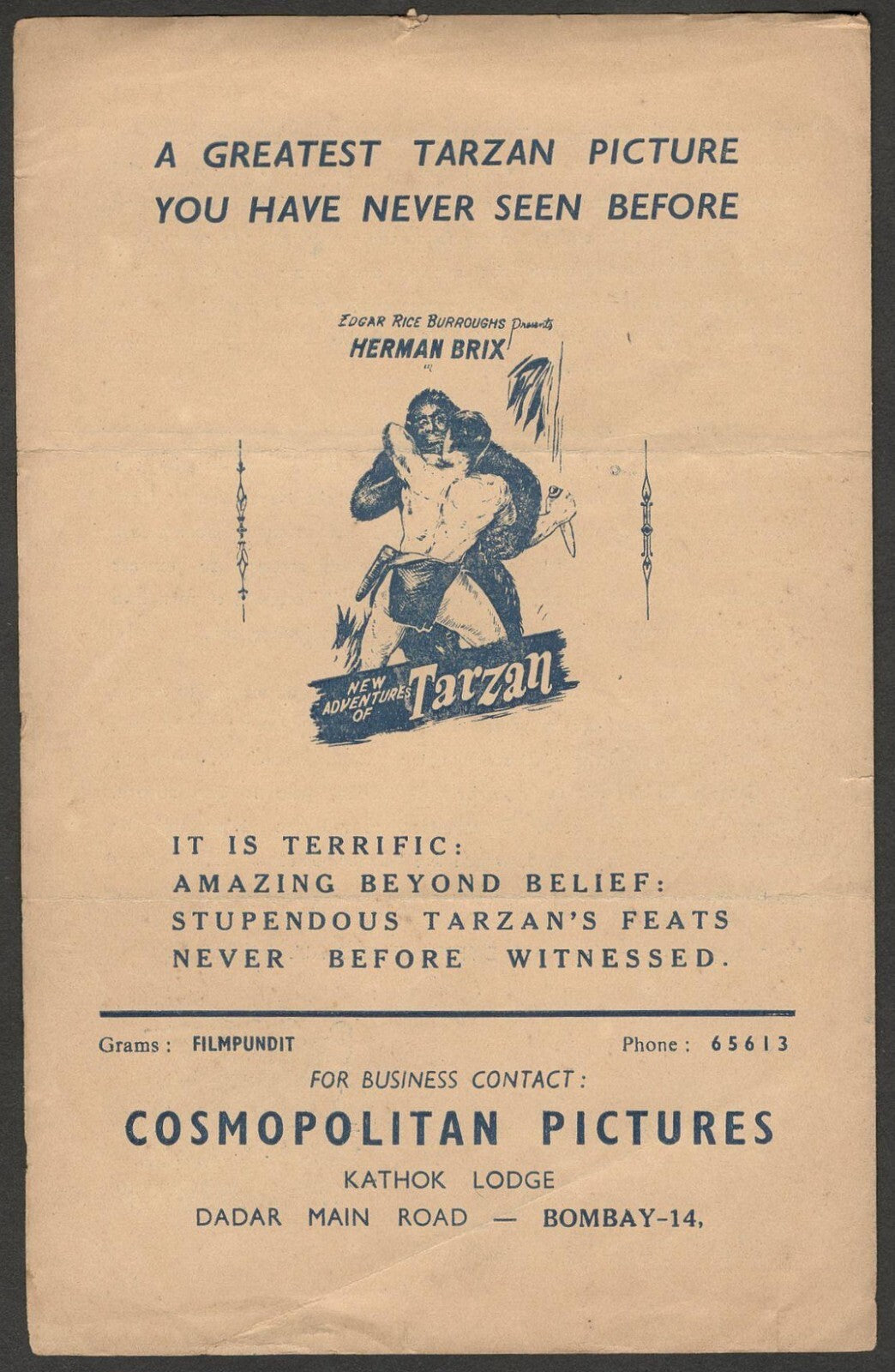 (AOP) NEW ADVENTURES OF TARZAN ***Herman Brix vintage India herald