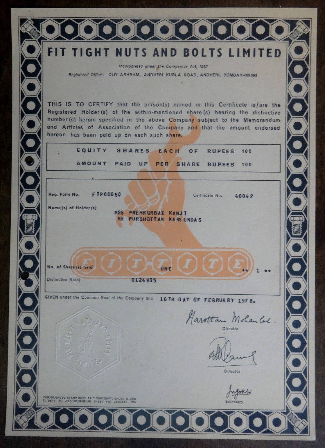 India 1978 FIT TIGHT NUTS & BOLTS LTD. share certificate