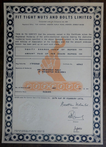 India 1978 FIT TIGHT NUTS & BOLTS LTD. share certificate