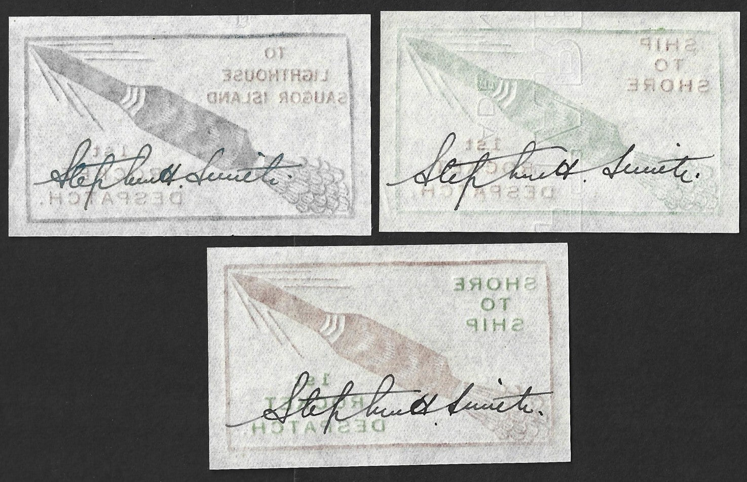 AOP India ROCKET MAIL - 1934 Saugor labels x 3 signed Stephen Smith
