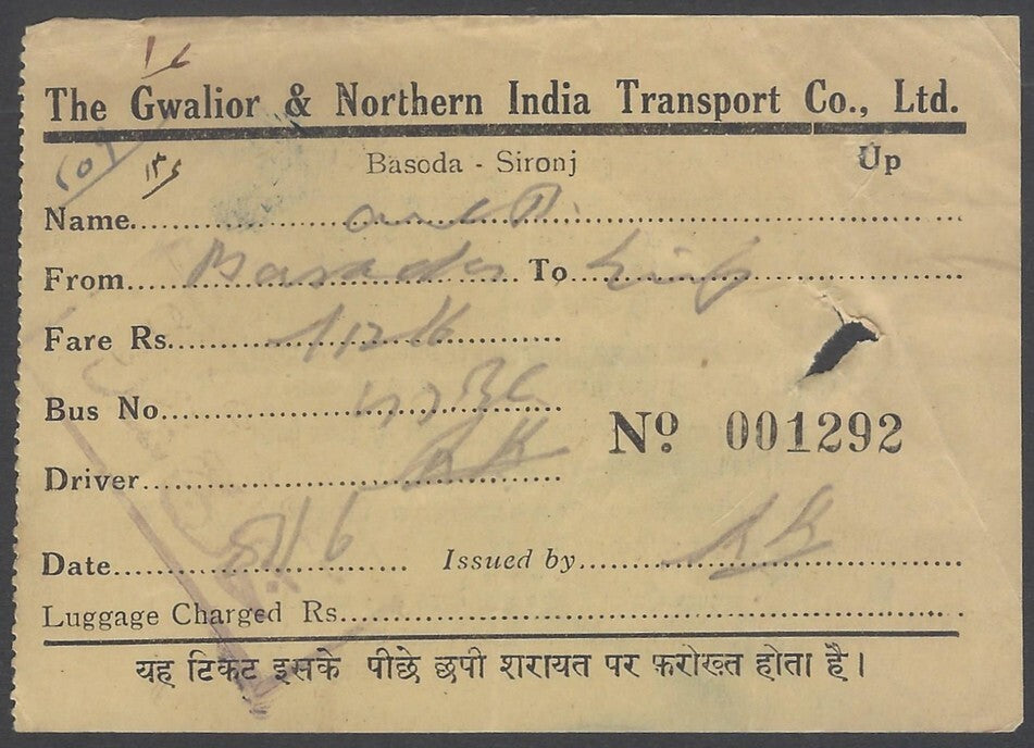 AOP India The Gwalior & Northern India Transport Co. Ltd. Bus Ticket 1920s-40s