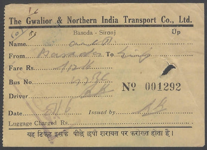 AOP India The Gwalior & Northern India Transport Co. Ltd. Bus Ticket 1920s-40s