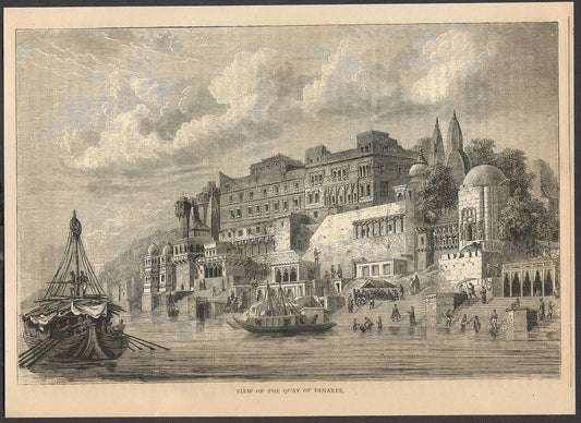 India VIEW OF THE QUAY OF BENARES engraved print ex libris Rousslet 1876 9"x6.5"