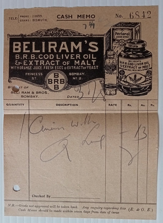 AOP India 1930s illustrated letterhead COD LIVER OIL PRINCESS ST. Bombay