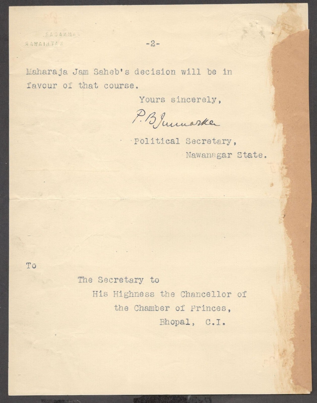 India 1931 crested letter THE SECRETARIAT / NAWANAGAR STATE signed Political Sec