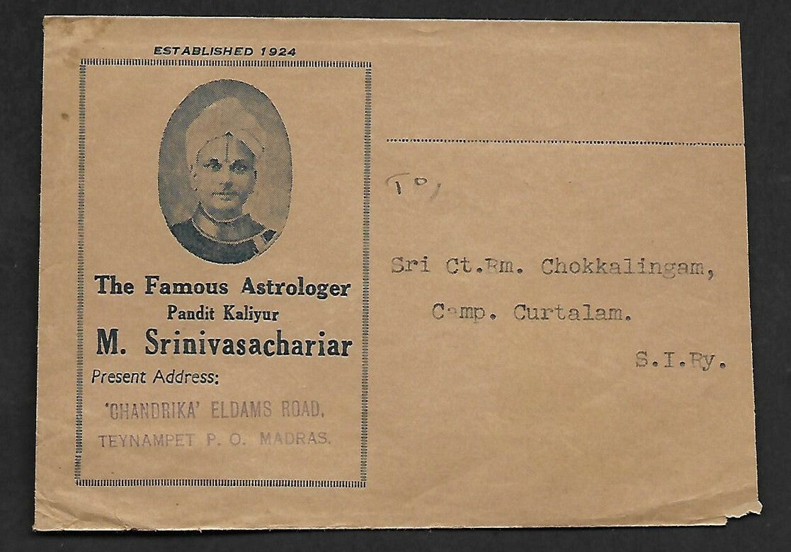 India 1944 illustrated advertisement cover FAMOUS ASTRLOGER Pandit Kaliyur