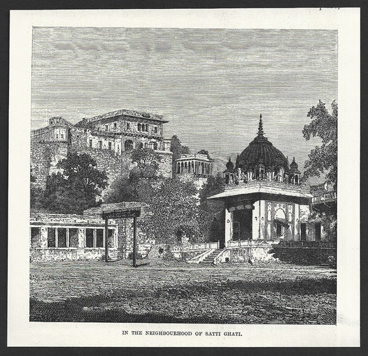 India NEIGHBOURHOOD OF SATTI GHATI engraved print ex libris Rousslet 1876 5"x6"