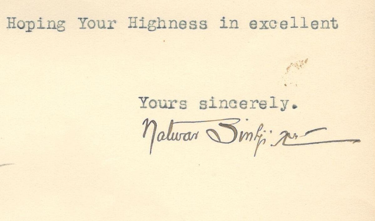 CHHOTA UDEPUR STATE India 1941 crested letter signed MAHARAJA Natwar Singh