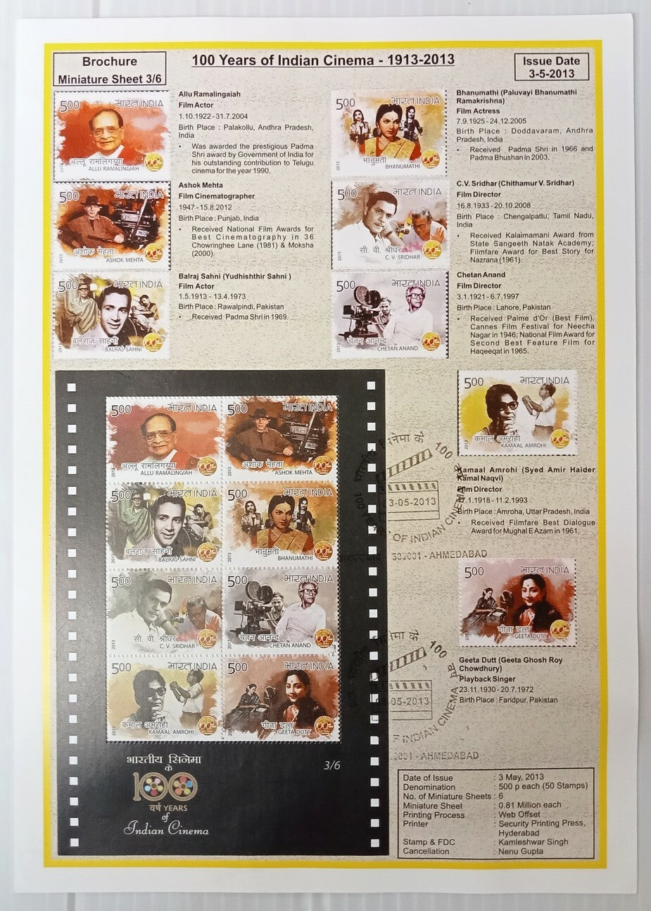 AOP India 2003 100 Years of Cinema sheetlets set of 6 on 6 information brochures