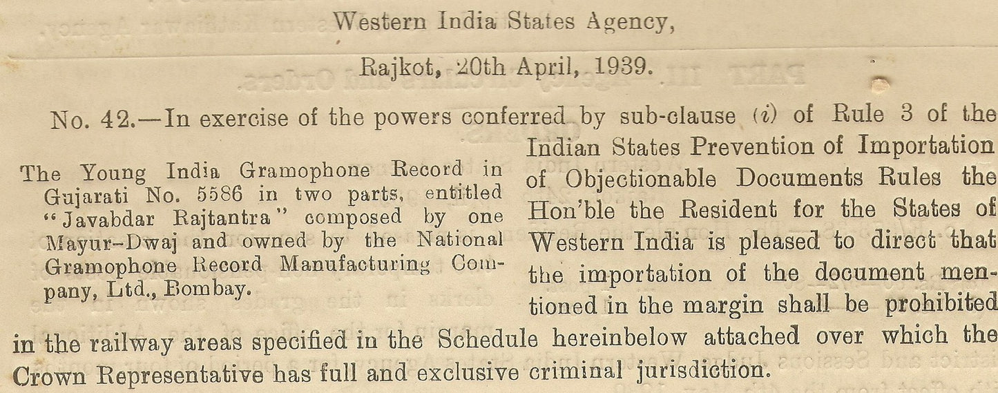 India 1939 WISA Gazette banning the Young India label record JAWABDAR RAJTANTRA