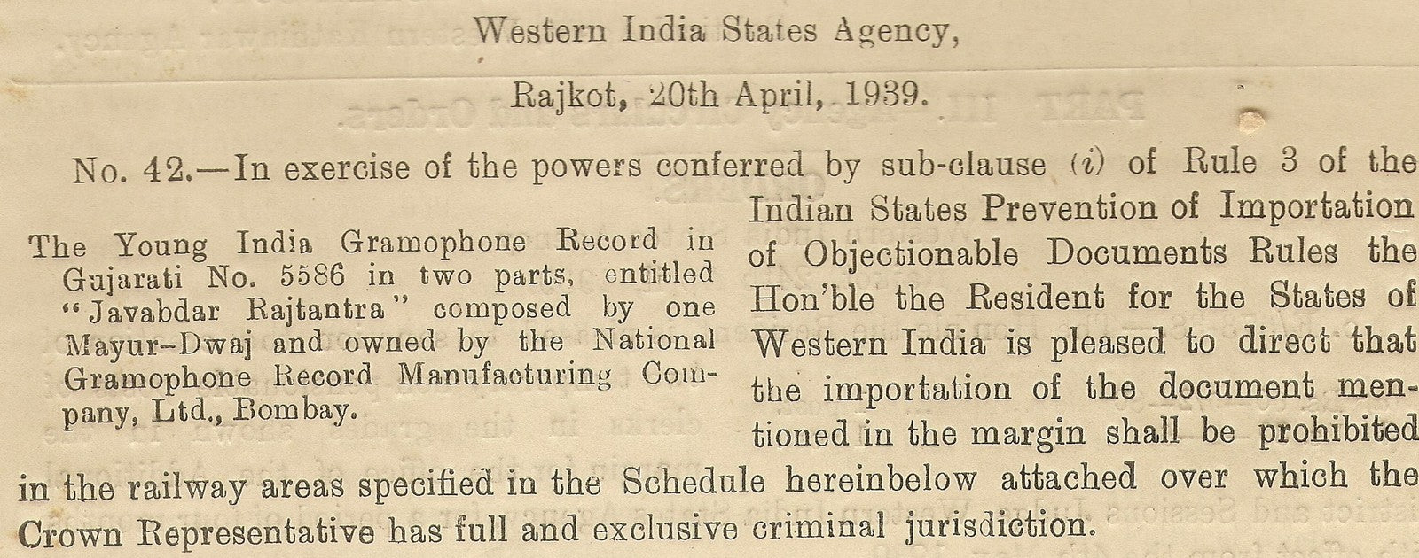 India 1939 WISA Gazette banning the Young India label record JAWABDAR RAJTANTRA