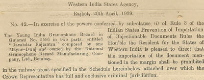 India 1939 WISA Gazette banning the Young India label record JAWABDAR RAJTANTRA