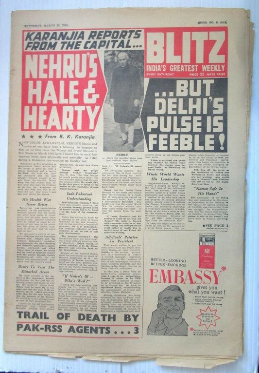 India Blitz 28 March 1964 issue TRAIL OF DEATH BY PAK-RSS AGENTS see condition