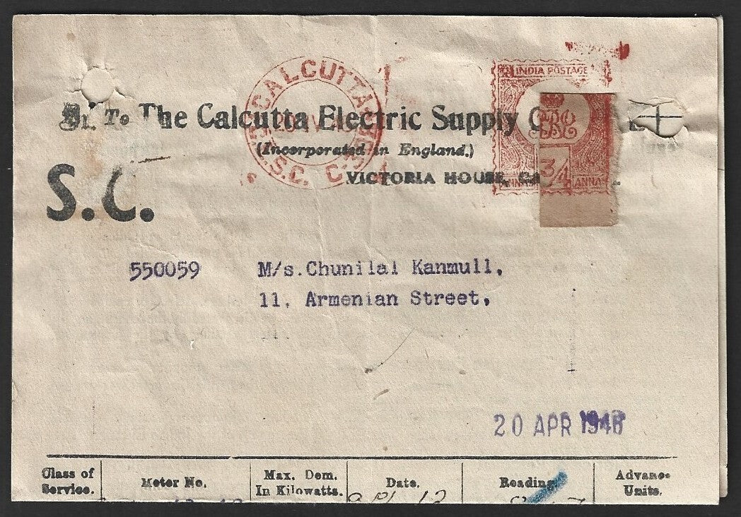 India CESB Calcutta Electric Supply Co. meter on 1946 bill