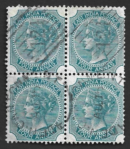 AOP India used ADEN/124 duplex on QV 1866 4a green Die 2 block of 4. SG Z38 £60+
