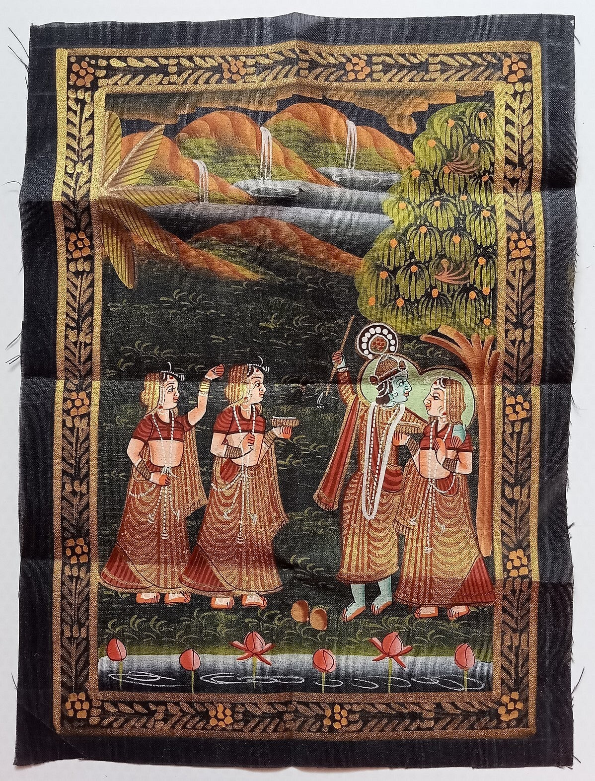 India vintage hand painting on cloth RADHA, KRISHNA & 2 GOPIS 9 x 12 inches