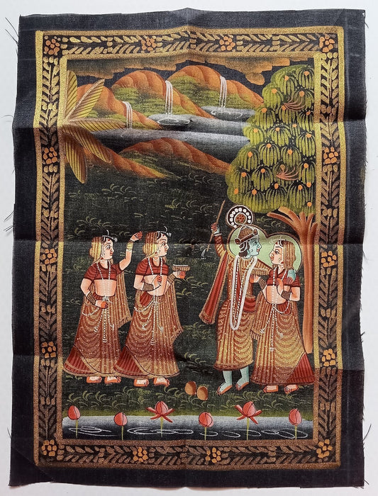 India vintage hand painting on cloth RADHA, KRISHNA & 2 GOPIS 9 x 12 inches
