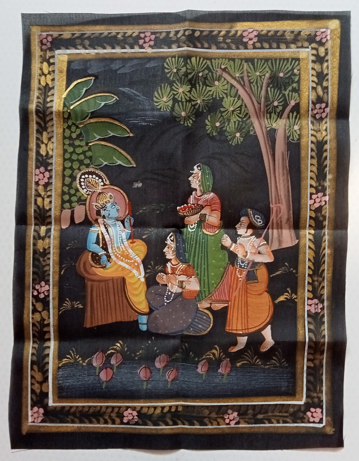 India vintage hand painting on cloth RADHA, KRISHNA & BALRAM 9 x 12 inches