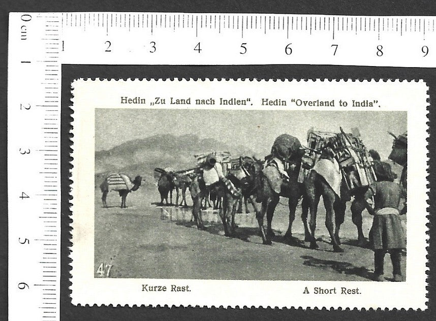 Vintage OVERLAND TO INDIA poster stamp - A SHORT REST zaz