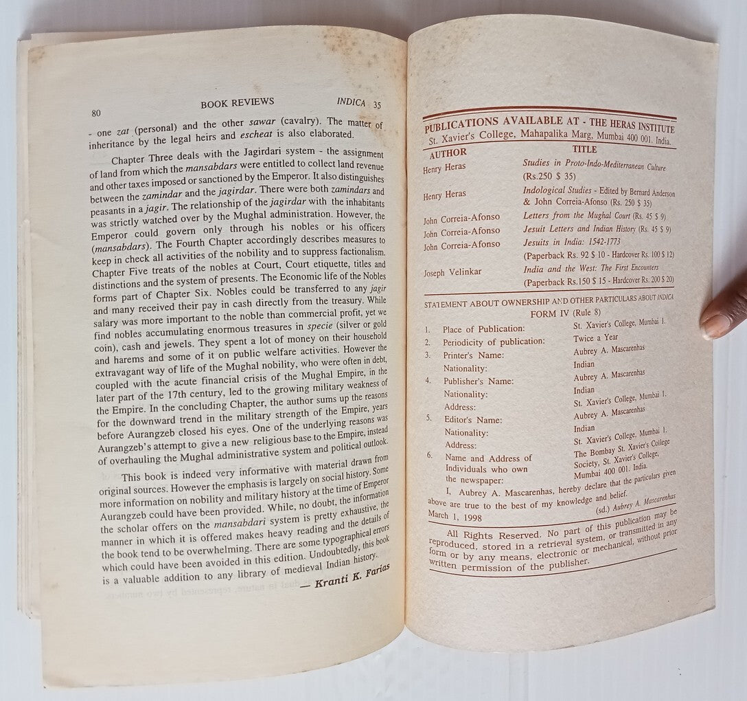 AOP India Indica Heras Institute of Indian History & Culture Journal 1998