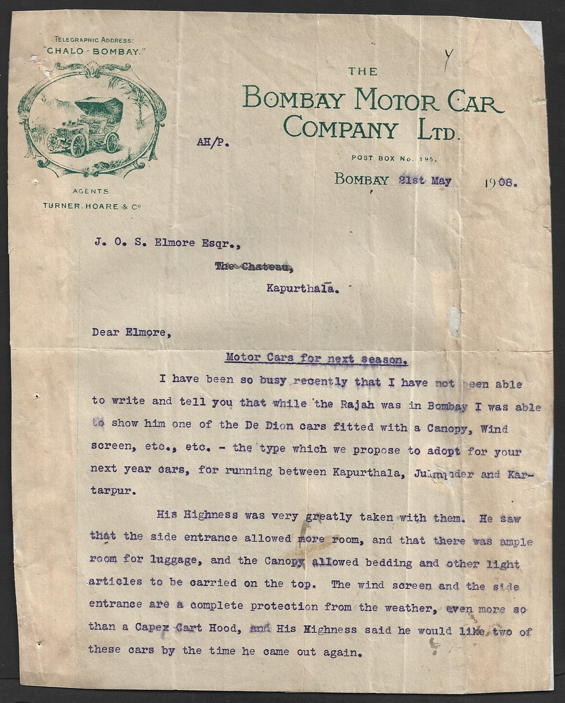 India 1908 BOMBAY MOTOR CAR COMPANY LTD. letterhead