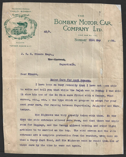 India 1908 BOMBAY MOTOR CAR COMPANY LTD. letterhead